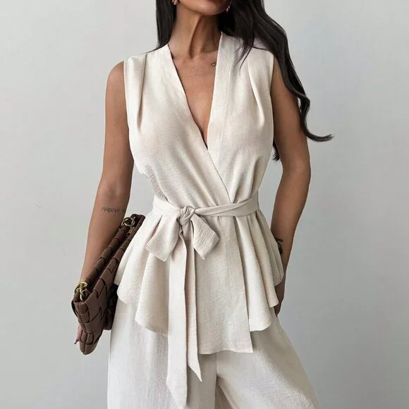 Apricot Elegant Women's Surplice Sleeveless Belted Blouse & Wide leg Pant Set